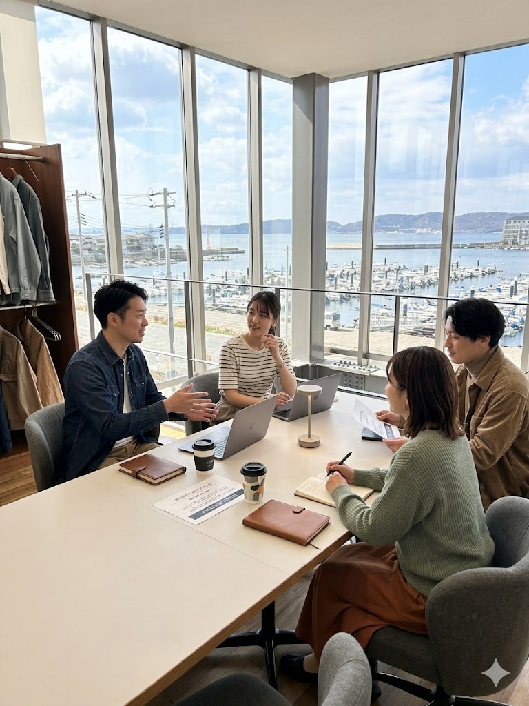 INAHOミーティング風景 — 児島の港を望むオフィスでの打ち合わせ